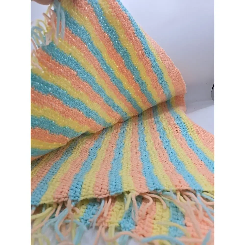 Vintage Multicolor Striped Crochet Colorful Fringe Throw‎ Blanket Size 36.5